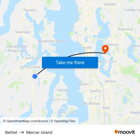 Bethel to Mercer Island map