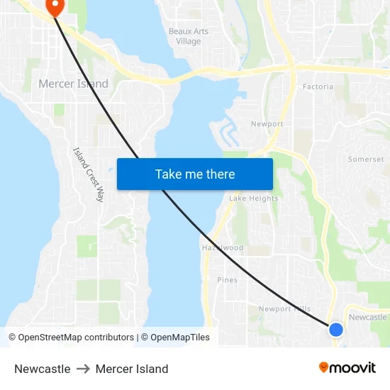 Newcastle to Mercer Island map