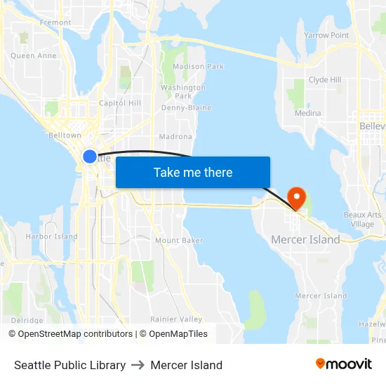Seattle Public Library to Mercer Island map