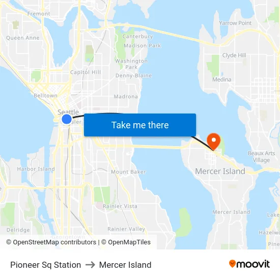 Pioneer Sq Station to Mercer Island map