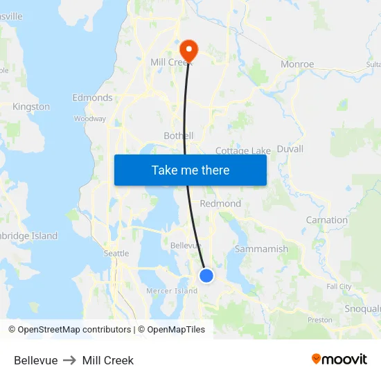 Bellevue to Mill Creek map