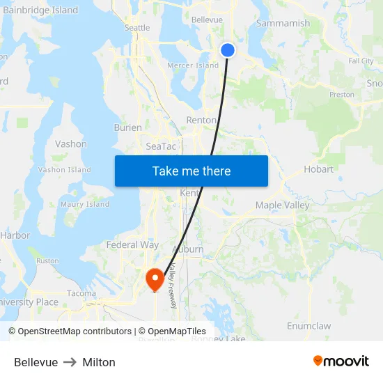 Bellevue to Milton map