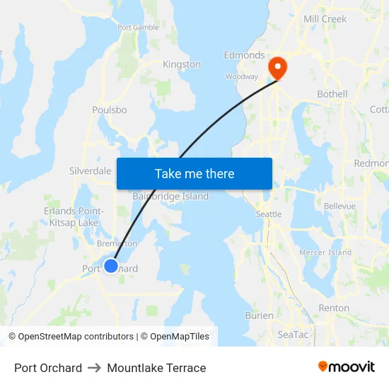 Port Orchard to Mountlake Terrace map