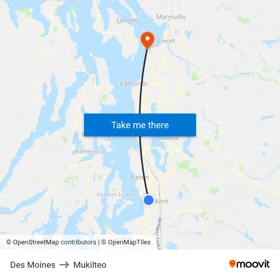 Des Moines to Mukilteo map