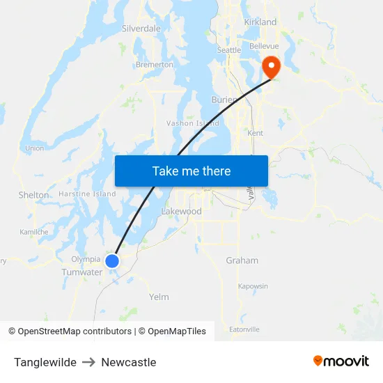 Tanglewilde to Newcastle map