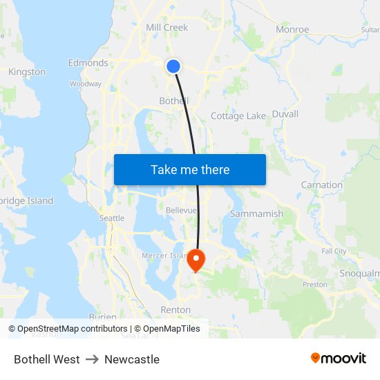 Bothell West to Newcastle map