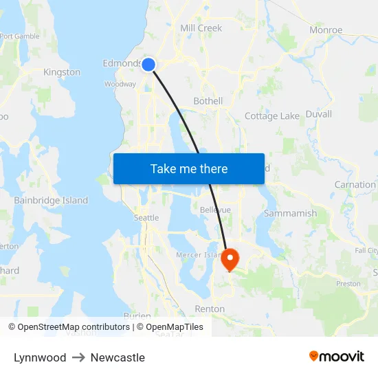 Lynnwood to Newcastle map