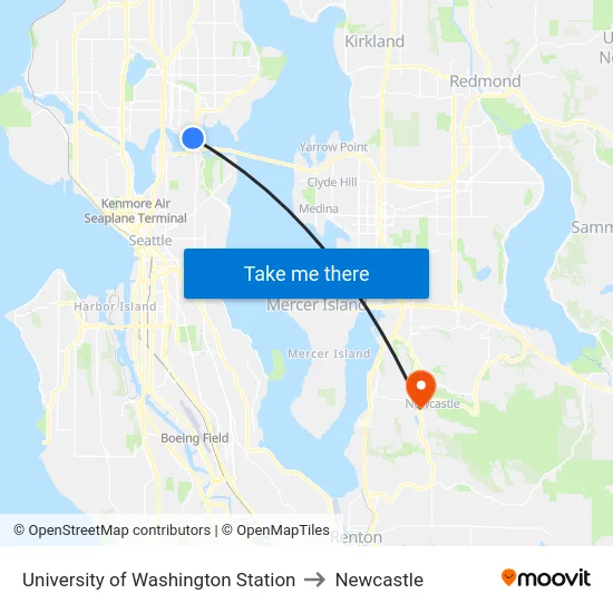 University of Washington Station to Newcastle map