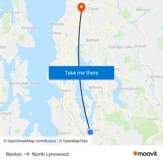 Renton to North Lynnwood map