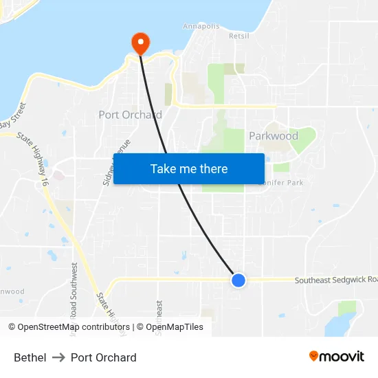 Bethel to Port Orchard map