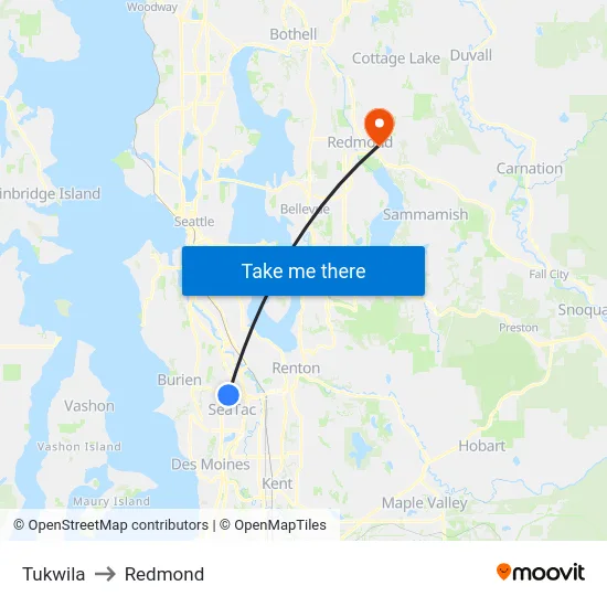 Tukwila to Redmond map