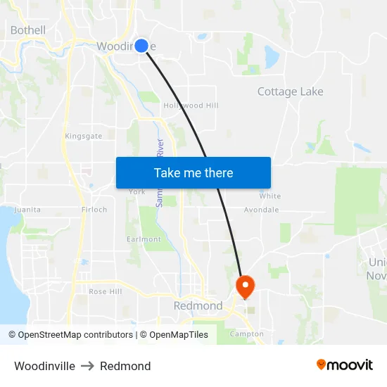 Woodinville to Redmond map