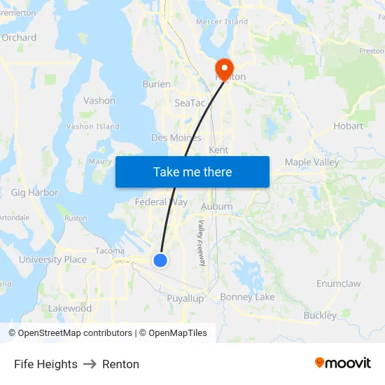 Fife Heights to Renton map