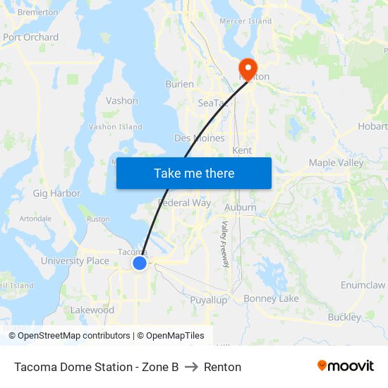 Tacoma Dome Station - Zone B to Renton map