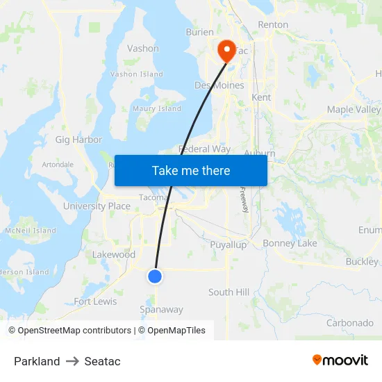 Parkland to Seatac map