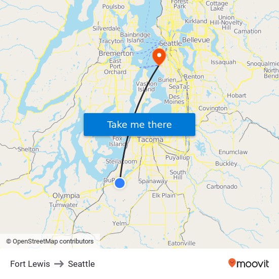 Fort Lewis to Seattle map