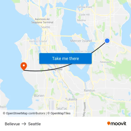 Bellevue to Seattle map