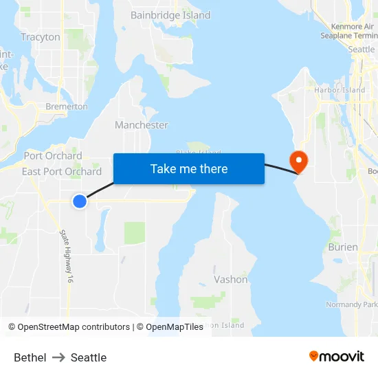 Bethel to Seattle map
