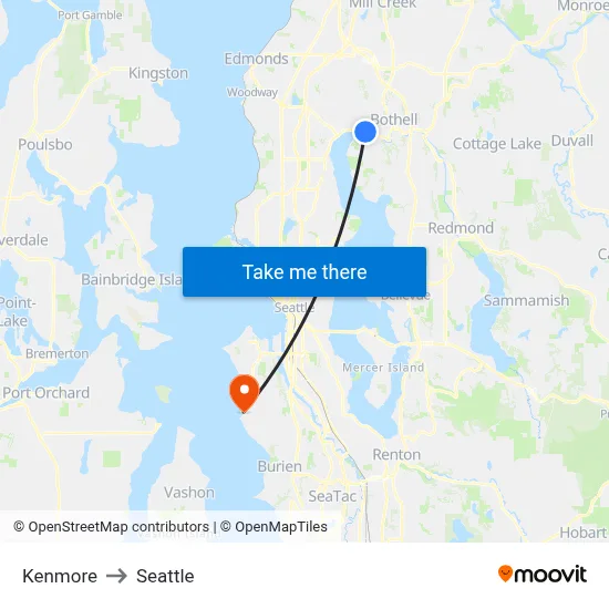 Kenmore to Seattle map