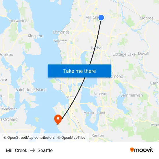 Mill Creek to Seattle map