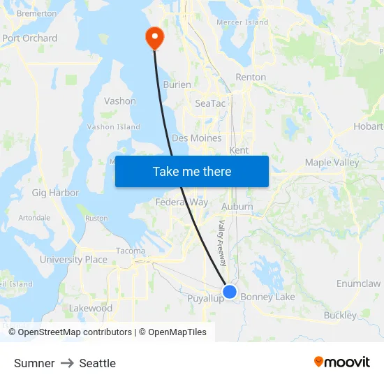 Sumner to Seattle map