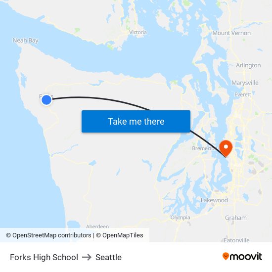 Forks High School to Seattle map