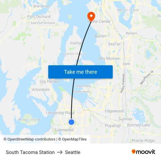 South Tacoma Station to Seattle map