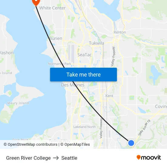 Green River College to Seattle map