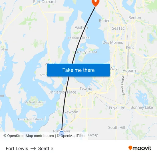 Fort Lewis to Seattle map