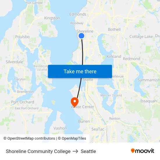 Shoreline Community College to Seattle map