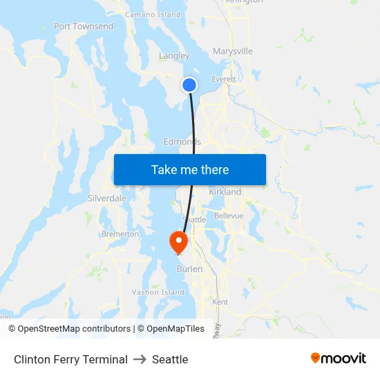 Clinton Ferry Terminal to Seattle map
