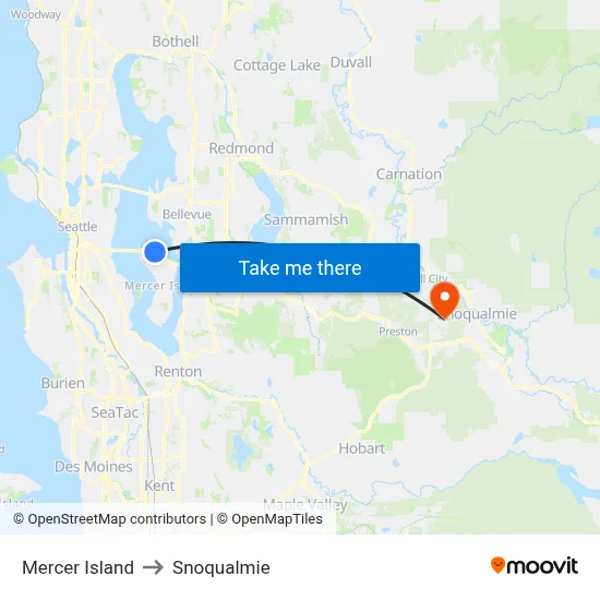 Mercer Island to Snoqualmie map