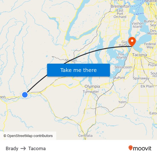 Brady to Tacoma map