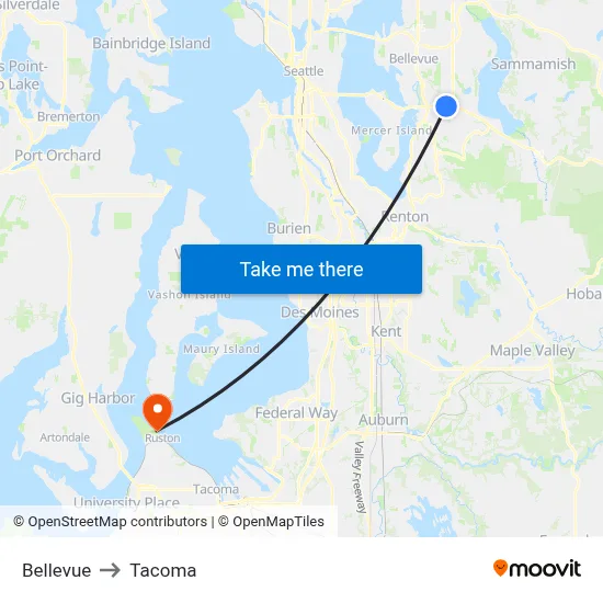 Bellevue to Tacoma map