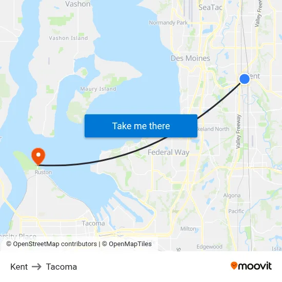 Kent to Tacoma map