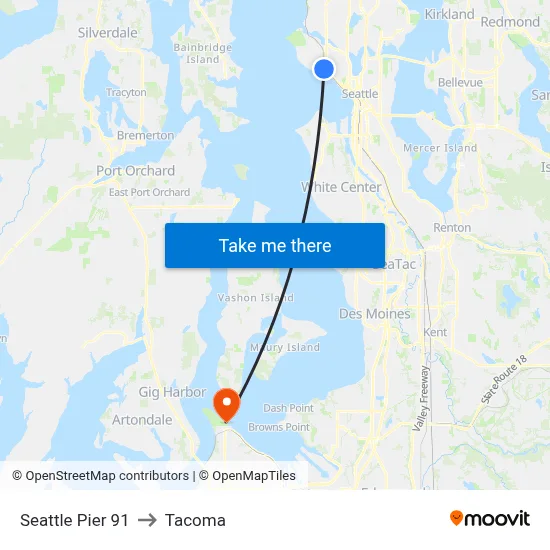 Seattle Pier 91 to Tacoma map