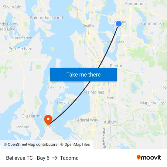 Bellevue TC - Bay 6 to Tacoma map