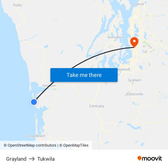 Grayland to Tukwila map