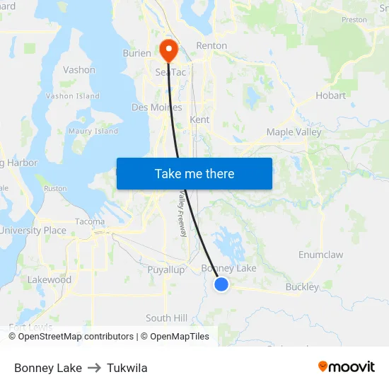 Bonney Lake to Tukwila map