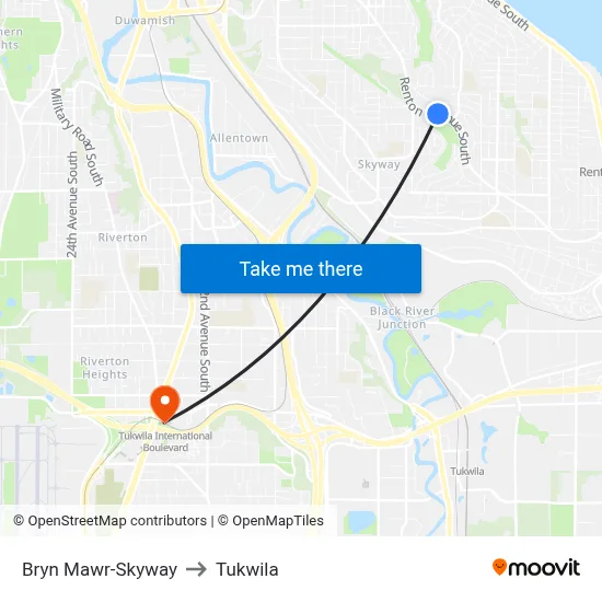 Bryn Mawr-Skyway to Tukwila map
