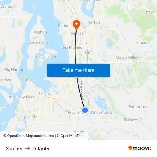 Sumner to Tukwila map
