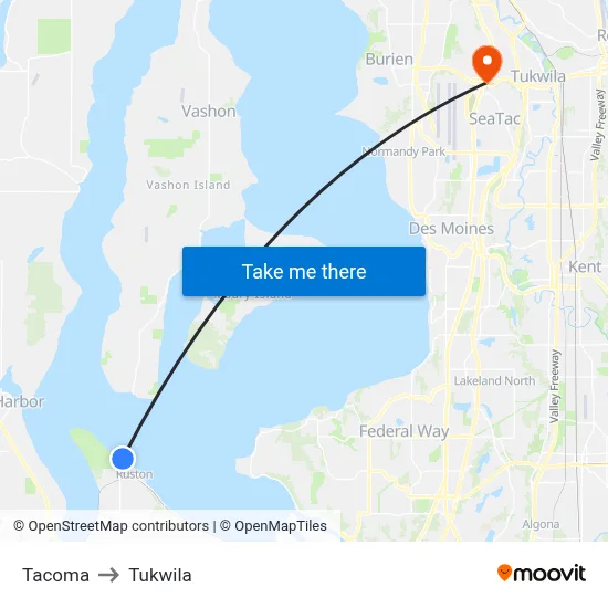 Tacoma to Tukwila map
