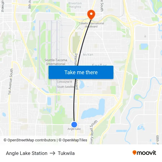 Angle Lake Station to Tukwila map