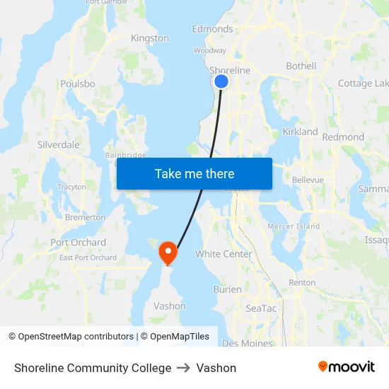 Shoreline Community College to Vashon map
