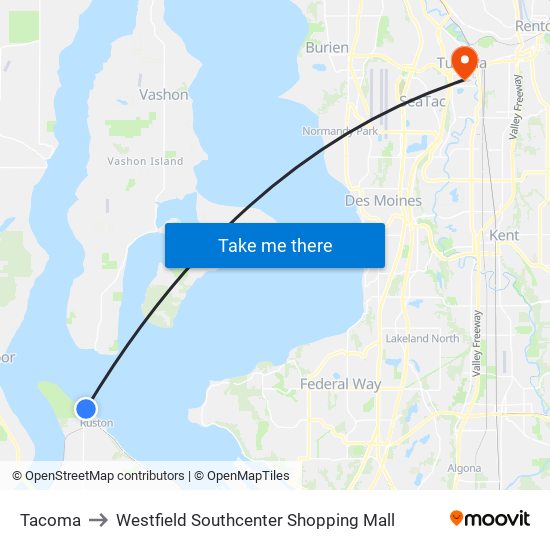 Tacoma to Westfield Southcenter Shopping Mall map