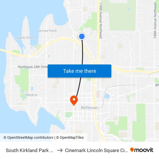 South Kirkland Park & Ride to Cinemark Lincoln Square Cinemas map