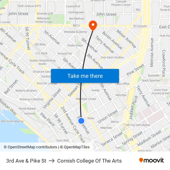 3rd Ave & Pike St to Cornish College Of The Arts map