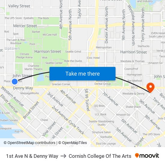 1st Ave N & Denny Way to Cornish College Of The Arts map