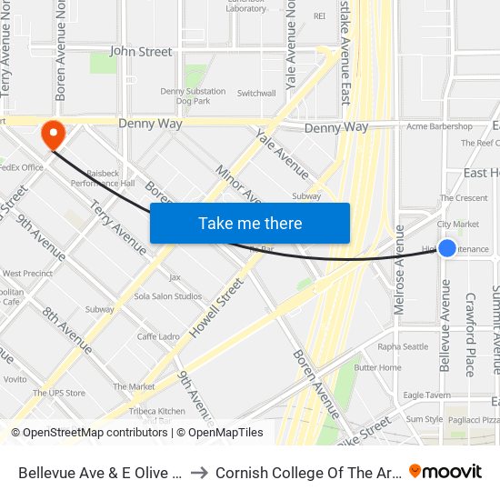 Bellevue Ave & E Olive St to Cornish College Of The Arts map
