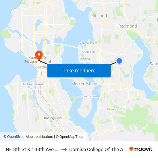 NE 8th St & 148th Ave NE to Cornish College Of The Arts map